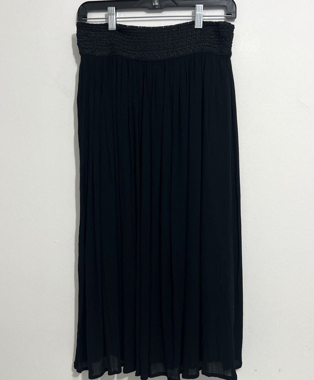 Gypsie Blu Black Pleated Midi Skirt Smocked Waist Lined Boho Size M Flow Office